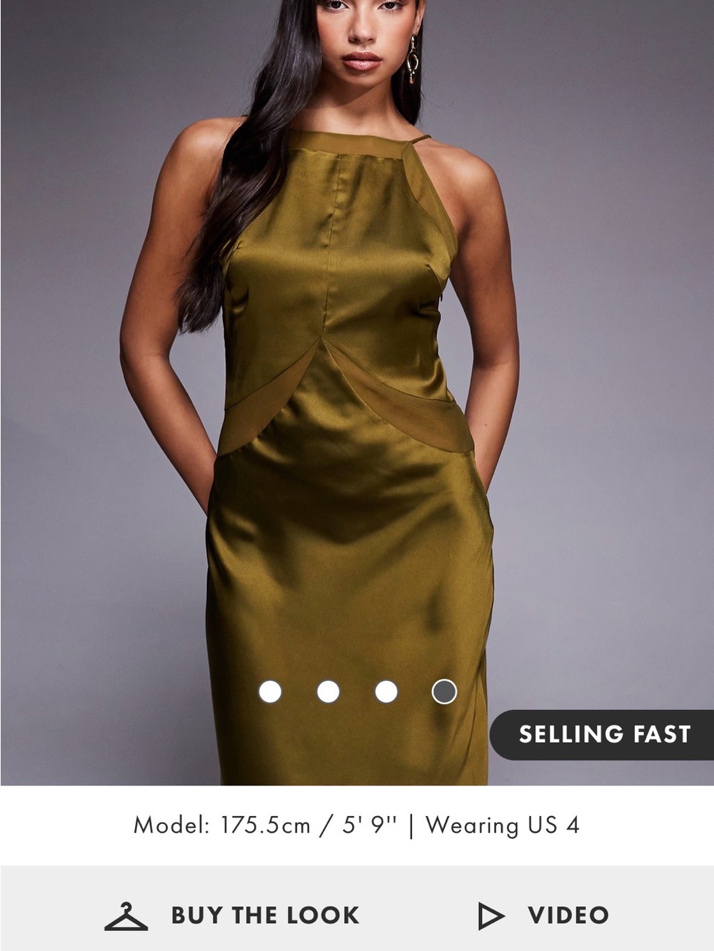 ASOS DESIGN satin chiffon mix square high neck maxi dress in dark olive - Picture 2 of 7